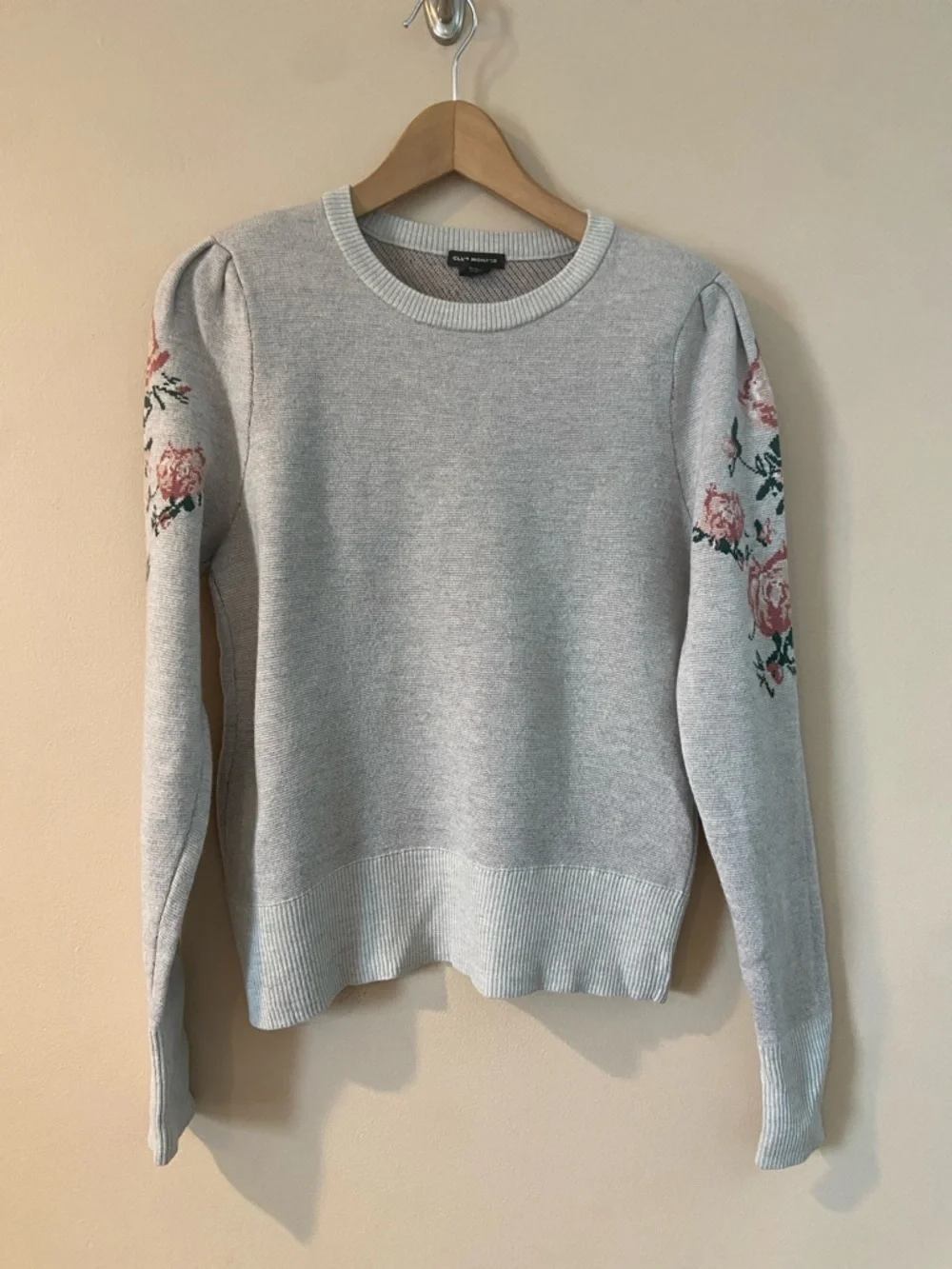 Club Monaco Poella Puff Sleeve Merino Wool Sweater Embroidery Print Size Medium